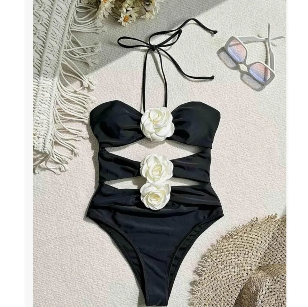BYINDED - Xl Black Halter One-Piece Swimsuit with Floral Accents - Picture 1 of 11